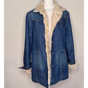 Y2K Earl Jean Denim Jacket With A Faux Sherpa Lining & Collar Size: Medium